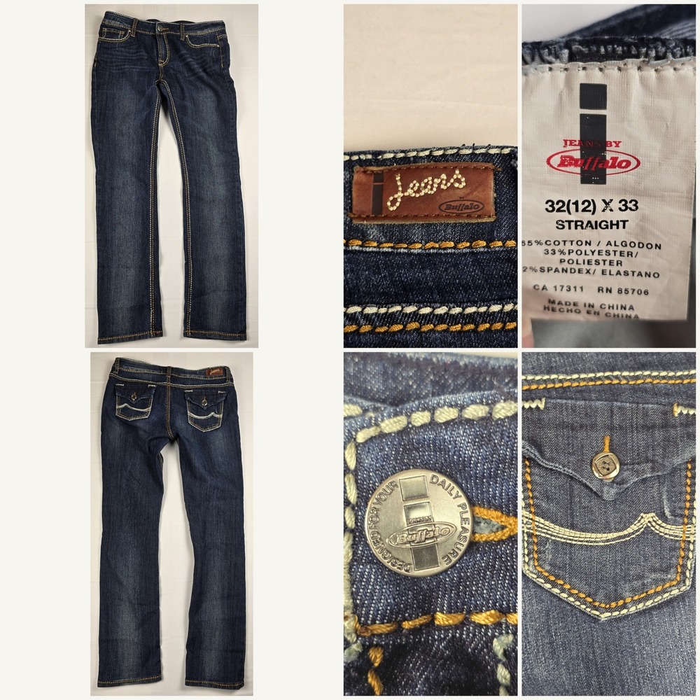 Buffalo Jeans Womens 32(12)x33 Straight Leg Dark Wash Thick Stitch Denim
